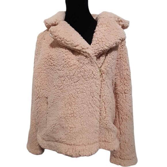 NEW Pink Teddy Jacket Coat Size Large Biker Moto Furry Sherpa by SILVER JEANS‎ - Picture 1 of 12
